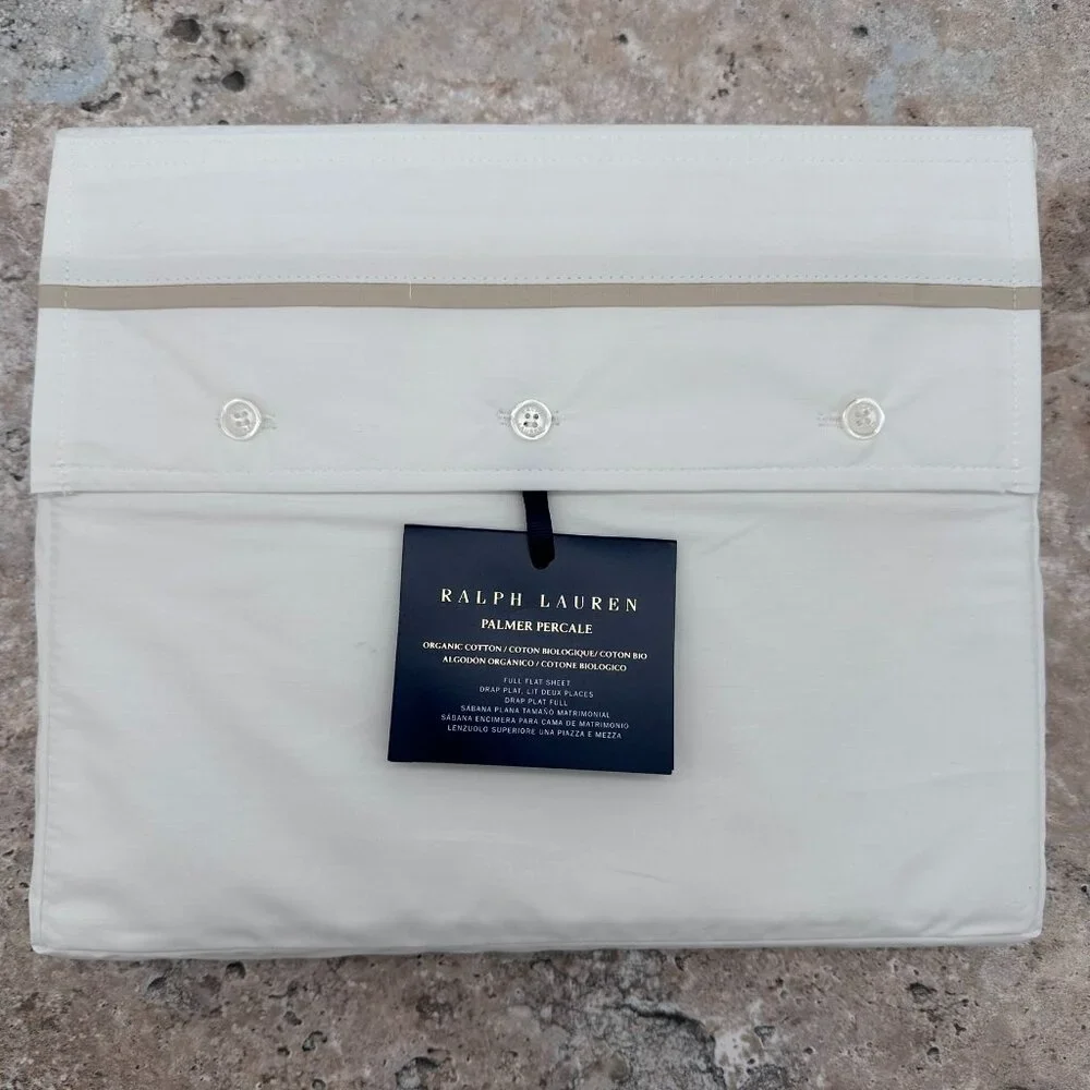 Ralph Lauren Organic Cotton Palmer Percale Full Size Flat Sheet, White/Sand Dune
